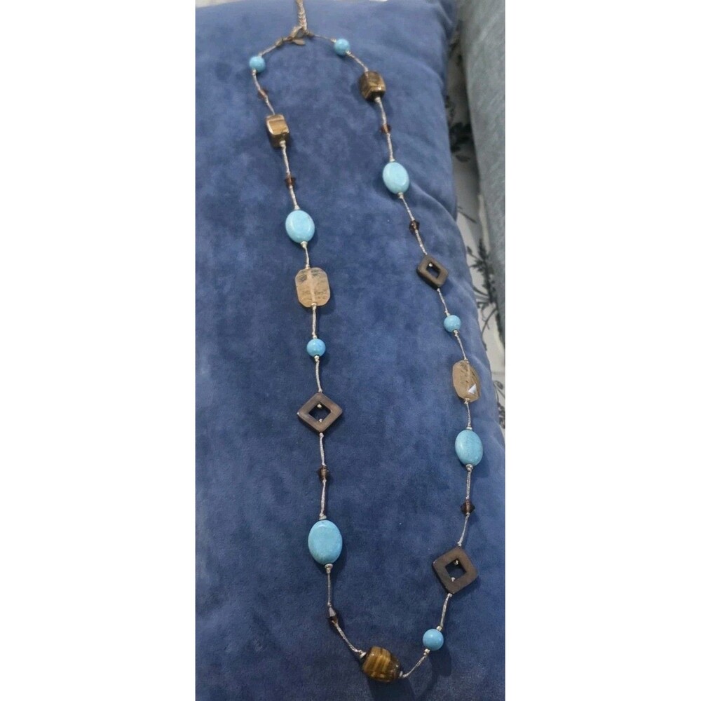 Chico's Turquoise Tiger's Eye Boho Station Necklace Gold Tone Long Cord 35"